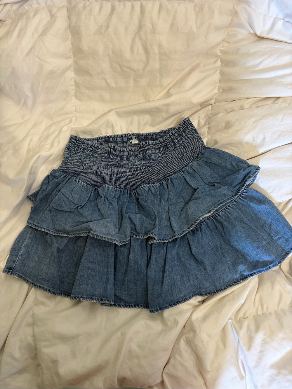 aerie Denim Ruffle Tiered Skater Mini Skirt - Blue